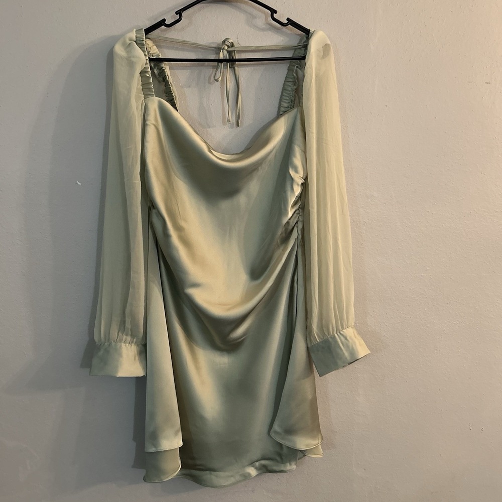 WeWoreWhat Sage Green Satin Mini Dress with Sheer Long Sleeves